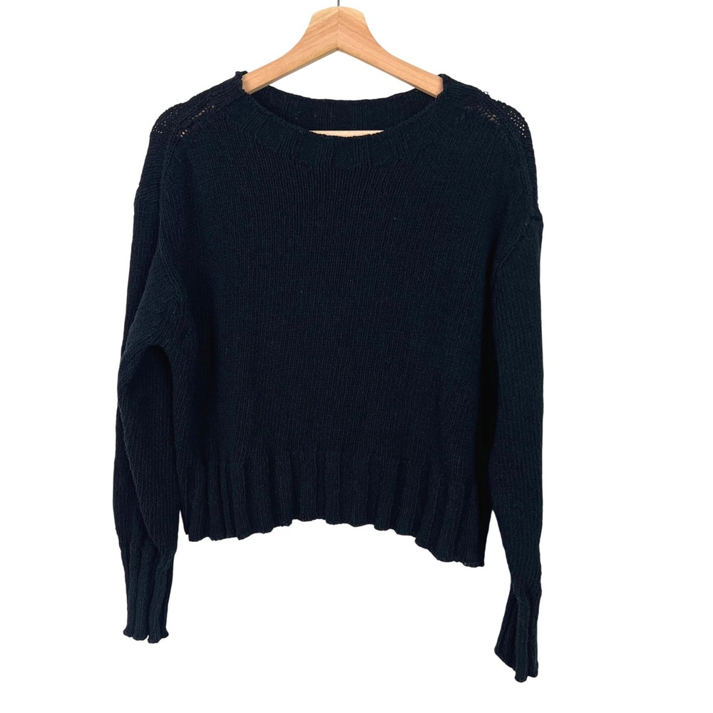 J.Crew Womens Medium Black Cotton Blend Chunky Knit Cropped Crewneck Sweater